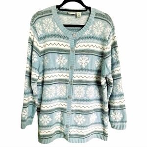 Cherokee vintage sweater winter snowflake blue white holiday button up cardigan
